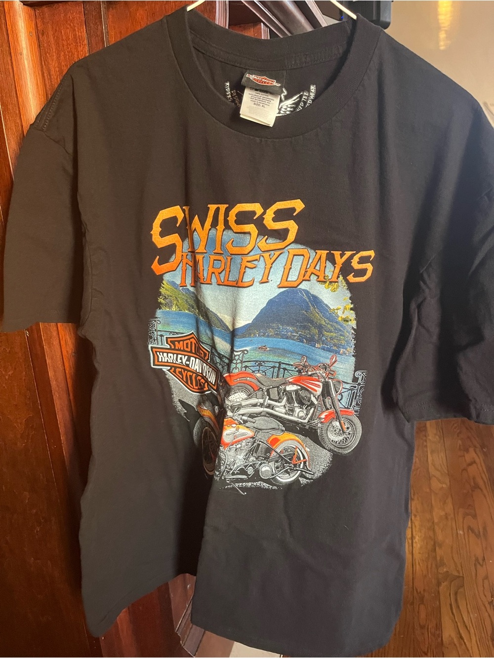 Harley-Davidson Switzerland Black Tee with Orange & Blue Swiss Graphic
